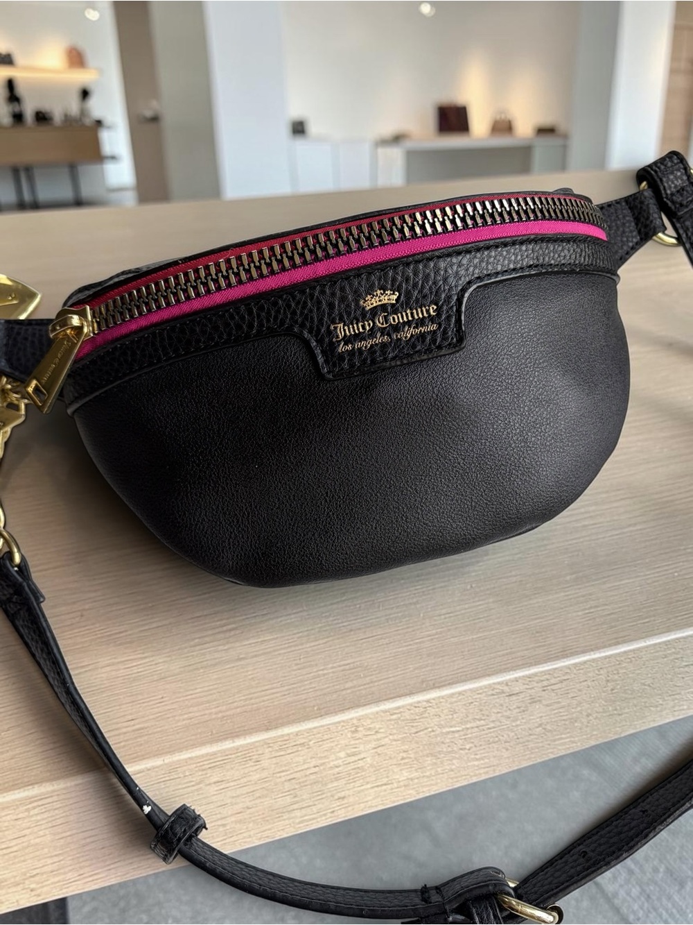 Juicy Couture Black Crossbody Belt Bag with Pink Trim and Charms